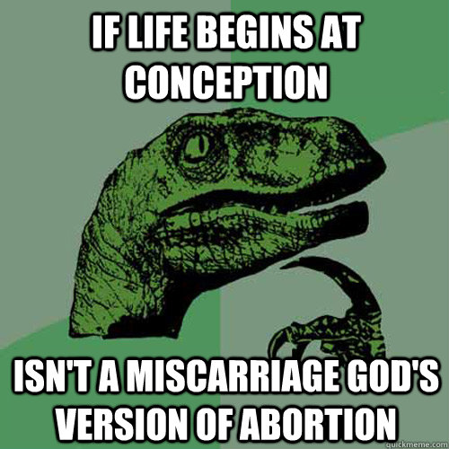 If life begins at conception isn't a miscarriage God's version of abortion  Philosoraptor