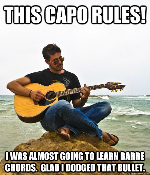 This Capo Rules! I was almost going to learn Barre Chords.  Glad I dodged that bullet.  Douchebag Guitarist