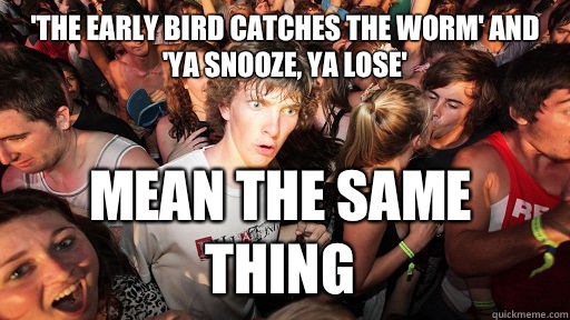 'The early bird catches the worm' and 'ya snooze, ya lose' Mean the same thing  Sudden Clarity Clarence