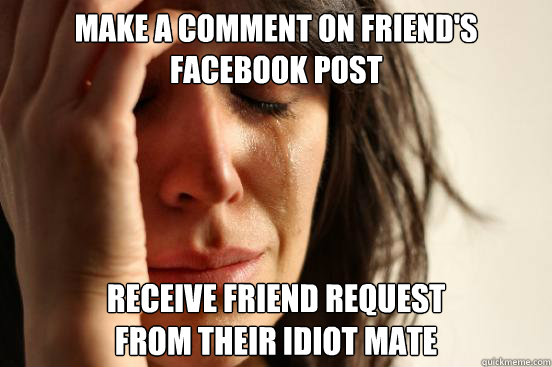 Make a comment on friend's facebook post receive friend request 
from their idiot mate  First World Problems