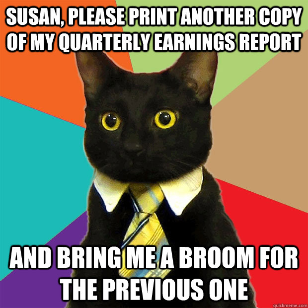 Susan, please print another copy of my quarterly earnings report and bring me a broom for the previous one - Susan, please print another copy of my quarterly earnings report and bring me a broom for the previous one  Business Cat