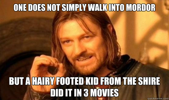 One Does Not Simply walk into mordor but a hairy footed kid from the shire did it in 3 movies  Boromir