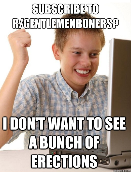subscribe to r/gentlemenboners? i don't want to see a bunch of erections  First Day on the Internet Kid
