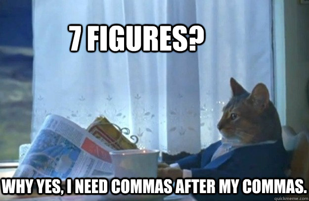 7 Figures?    Why yes, I need commas after my commas.  Sophisticated Cat