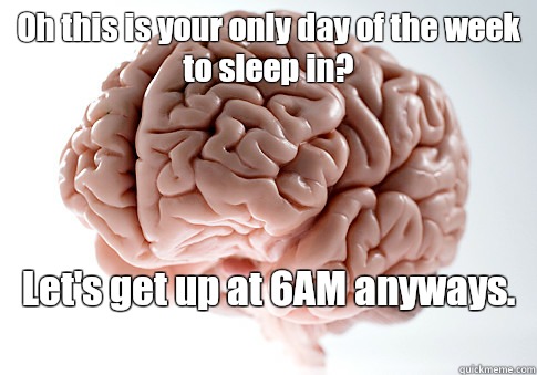 Oh this is your only day of the week to sleep in?  Let's get up at 6AM anyways.   - Oh this is your only day of the week to sleep in?  Let's get up at 6AM anyways.    Scumbag Brain