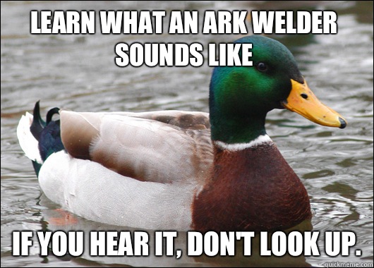 Learn what an ark welder sounds like If you hear it, don't look up.  Actual Advice Mallard