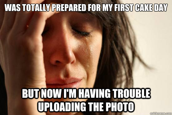wAS TOTALLY PREPARED FOR MY FIRST CAKE DAY BUT NOW I'M HAVING TROUBLE UPLOADING THE PHOTO  First World Problems