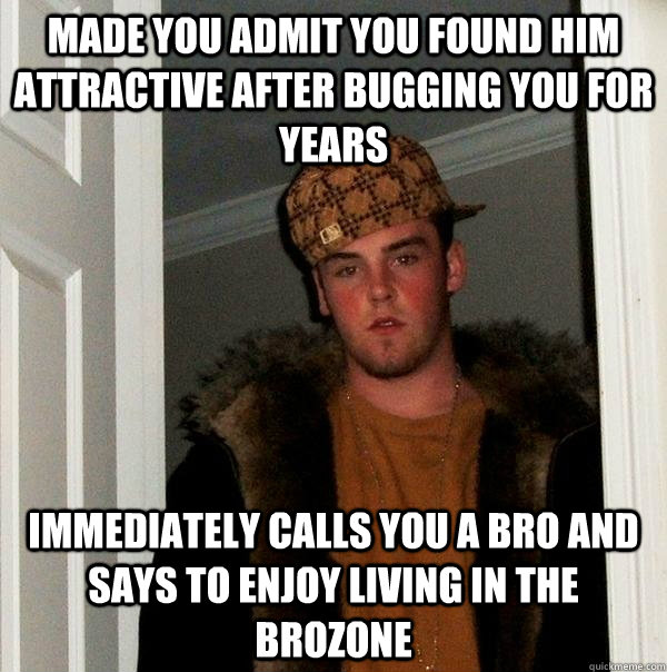 Made you admit you found him attractive after bugging you for years Immediately calls you a bro and says to enjoy living in the brozone  Scumbag Steve