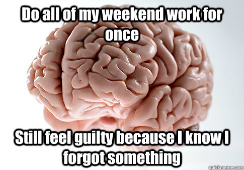 Do all of my weekend work for once Still feel guilty because I know I forgot something  Scumbag Brain