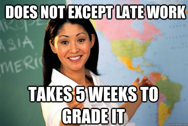 Does not except late work Takes 5 weeks to grade it  Unhelpful High School Teacher