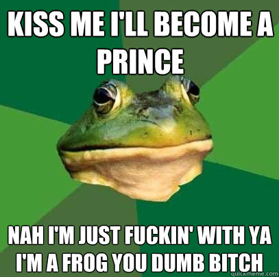 Kiss me i'll become a prince  nah i'm just fuckin' with ya i'm a frog you dumb bitch   Foul Bachelor Frog
