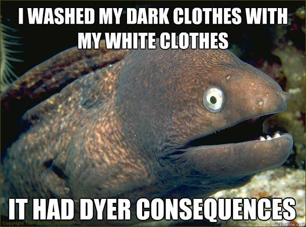 I washed my dark clothes with my white clothes it had dyer consequences  Bad Joke Eel