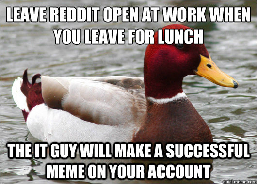 leave reddit open at work when you leave for lunch
 the IT guy will make a successful meme on your account  Malicious Advice Mallard