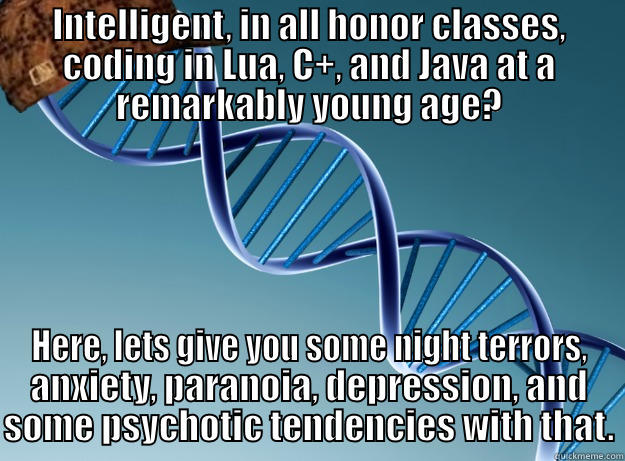 INTELLIGENT, IN ALL HONOR CLASSES, CODING IN LUA, C+, AND JAVA AT A REMARKABLY YOUNG AGE? HERE, LETS GIVE YOU SOME NIGHT TERRORS, ANXIETY, PARANOIA, DEPRESSION, AND SOME PSYCHOTIC TENDENCIES WITH THAT. Scumbag Genetics
