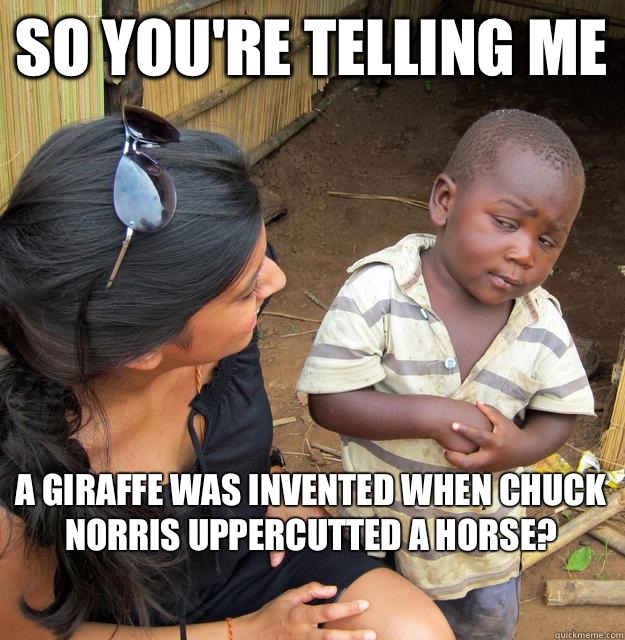 So you're telling me 
A Giraffe was invented when Chuck Norris uppercutted a Horse?  Skeptical Black Kid