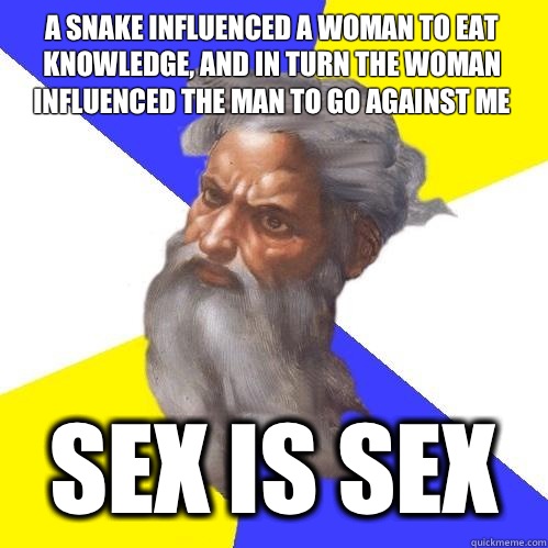 A snake influenced a woman to eat knowledge, and in turn the woman influenced the man to go against me Sex is sex  Advice God