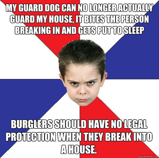 My guard dog can no longer actually guard my house, it bites the person breaking in and gets put to sleep burglers should have no legal protection when they break into a house. - My guard dog can no longer actually guard my house, it bites the person breaking in and gets put to sleep burglers should have no legal protection when they break into a house.  Politically Outraged Toddler