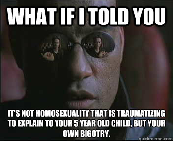 What if I told you It's not homosexuality that is traumatizing to explain to your 5 year old child, but your own bigotry.  Morpheus SC