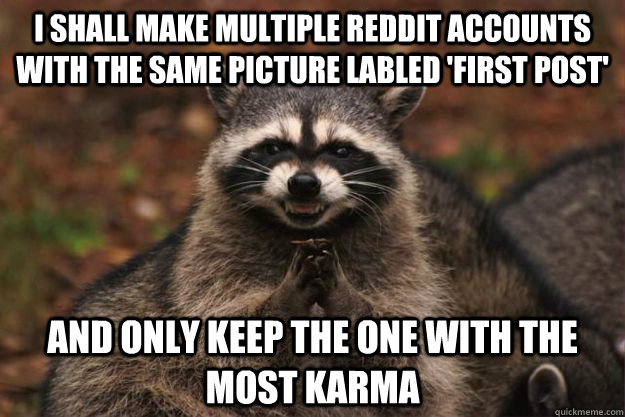 I shall make multiple reddit accounts with the same picture labled 'First post' and only keep the one with the most karma - I shall make multiple reddit accounts with the same picture labled 'First post' and only keep the one with the most karma  Evil Plotting Raccoon