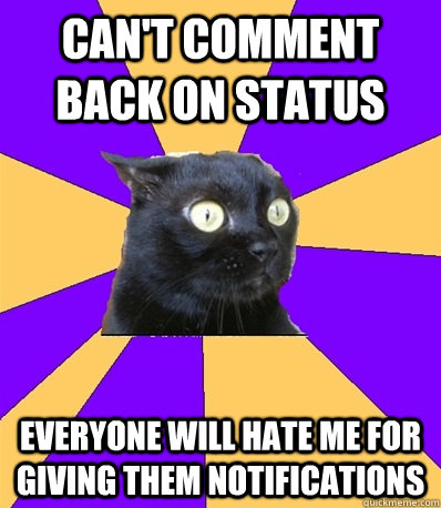 can't comment back on status everyone will hate me for giving them notifications  Anxiety Cat
