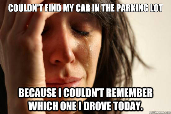 Couldn't find my car in the parking lot Because I couldn't remember which one I drove today. - Couldn't find my car in the parking lot Because I couldn't remember which one I drove today.  First World Problems