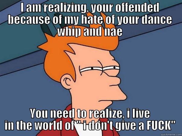 I AM REALIZING, YOUR OFFENDED BECAUSE OF MY HATE OF YOUR DANCE WHIP AND NAE YOU NEED TO REALIZE, I LIVE IN THE WORLD OF 