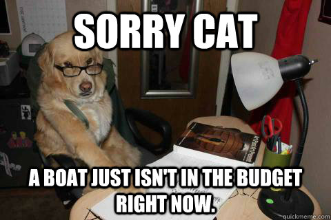 sorry cat  A boat just isn't in the budget right now.   Financial Advice Dog