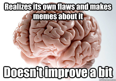 Realizes its own flaws and makes memes about it Doesn't improve a bit  - Realizes its own flaws and makes memes about it Doesn't improve a bit   Scumbag Brain