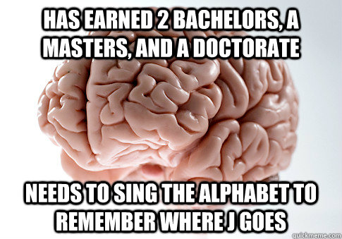 Has earned 2 bachelors, a masters, and a doctorate Needs to sing the alphabet to remember where J goes - Has earned 2 bachelors, a masters, and a doctorate Needs to sing the alphabet to remember where J goes  Scumbag Brain