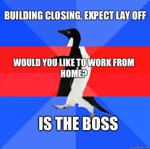 Building closing, expect lay off Would you like to work from home? Is the boss  Socially Awkward Awesome Awkward Penguin