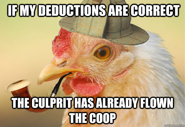  If my deductions are correct The culprit has already flown the coop -  If my deductions are correct The culprit has already flown the coop  Chicken Detective
