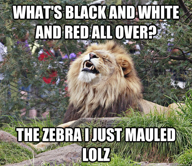 What's black and white and red all over? The zebra I just mauled lolz - What's black and white and red all over? The zebra I just mauled lolz  Aww yea lion