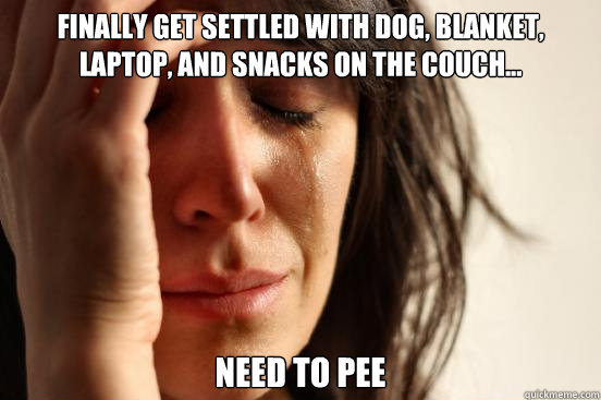 Finally get settled with dog, blanket, laptop, and snacks on the couch... need to pee  First World Problems