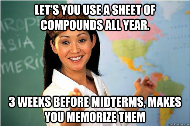 Let's you use a sheet of  compounds all year. 3 weeks before midterms, makes you memorize them  Scumbag Teacher
