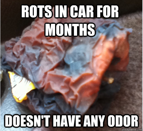 Rots in car for months  Doesn't have any odor  Good Guy Apple