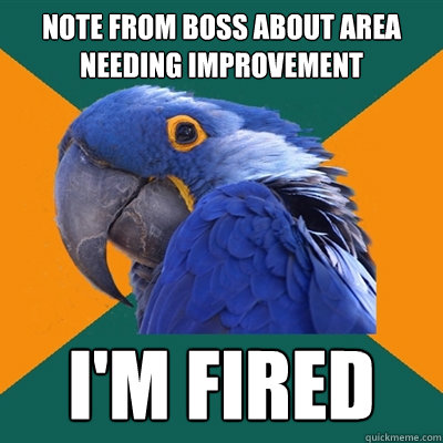 NOTE FROM BOSS ABOUT AREA NEEDING IMPROVEMENT I'M FIRED  Paranoid Parrot