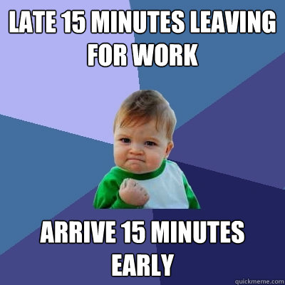 Late 15 minutes leaving for work Arrive 15 minutes early - Late 15 minutes leaving for work Arrive 15 minutes early  Success Kid