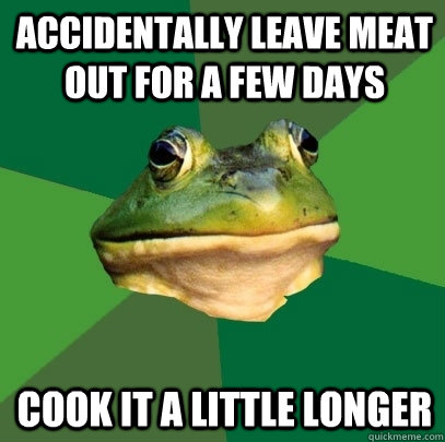 accidentally leave meat out for a few days cook it a little longer   Foul Bachelor Frog