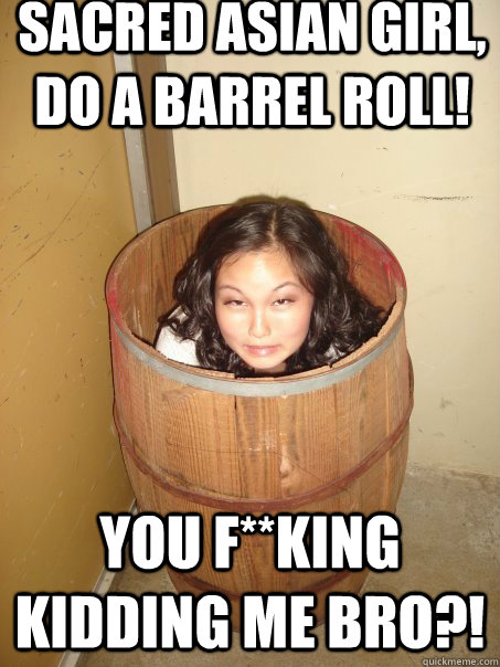 sacred asian girl, do a barrel roll! you F**king kidding me bro?! - sacred asian girl, do a barrel roll! you F**king kidding me bro?!  Scared asian girl