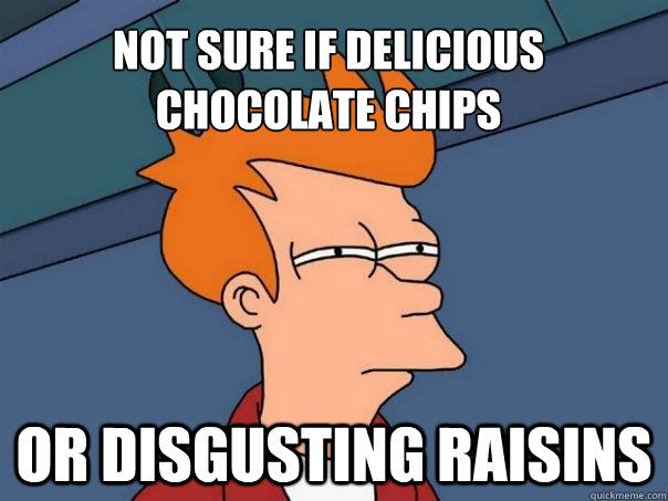 not sure if delicious chocolate chips Or disgusting raisins - not sure if delicious chocolate chips Or disgusting raisins  Futurama Fry