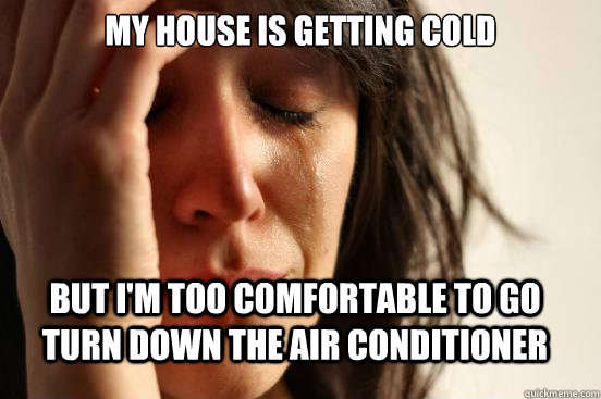 My house is getting cold But i'm too comfortable to go turn down the air conditioner  First World Problems