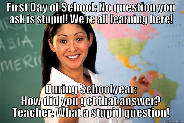 stupid questions - FIRST DAY OF SCHOOL: NO QUESTION YOU ASK IS STUPID! WE'RE ALL LEARNING HERE! DURING SCHOOLYEAR: HOW DID YOU GET THAT ANSWER? TEACHER: WHAT A STUPID QUESTION! Unhelpful High School Teacher