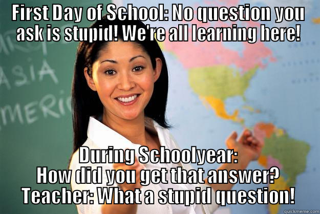 FIRST DAY OF SCHOOL: NO QUESTION YOU ASK IS STUPID! WE'RE ALL LEARNING HERE! DURING SCHOOLYEAR: HOW DID YOU GET THAT ANSWER? TEACHER: WHAT A STUPID QUESTION! Unhelpful High School Teacher