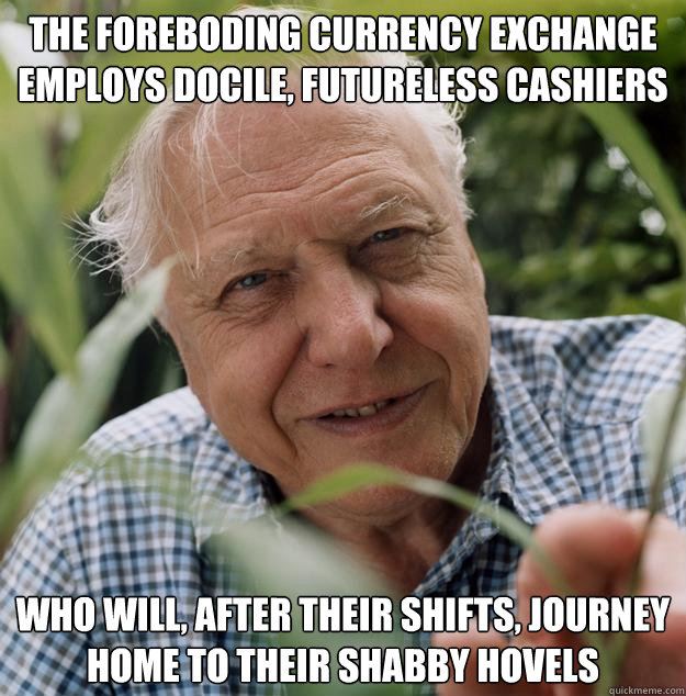 The foreboding currency exchange employs docile, futureless cashiers who will, after their shifts, journey home to their shabby hovels  - The foreboding currency exchange employs docile, futureless cashiers who will, after their shifts, journey home to their shabby hovels   Urban Attenborough