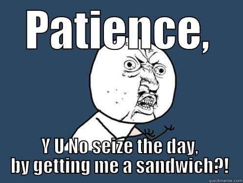 PATIENCE, Y U NO SEIZE THE DAY, BY GETTING ME A SANDWICH?! Y U No