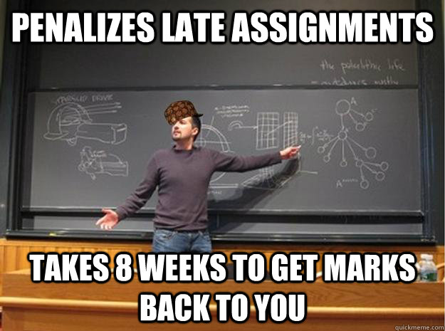 Penalizes late assignments Takes 8 weeks to get marks back to you  