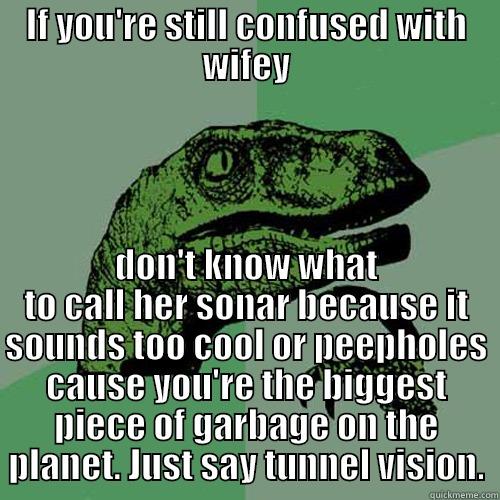 IF YOU'RE STILL CONFUSED WITH WIFEY DON'T KNOW WHAT TO CALL HER SONAR BECAUSE IT SOUNDS TOO COOL OR PEEPHOLES CAUSE YOU'RE THE BIGGEST PIECE OF GARBAGE ON THE PLANET. JUST SAY TUNNEL VISION. Philosoraptor