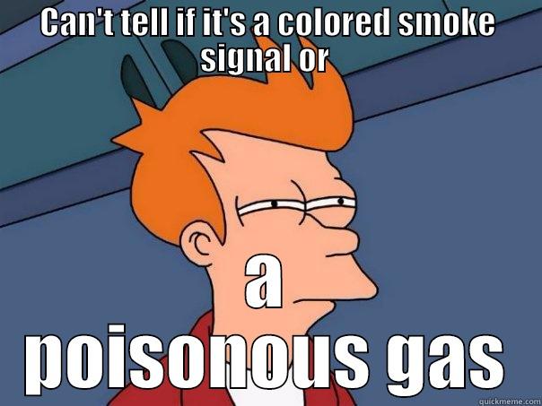 CAN'T TELL IF IT'S A COLORED SMOKE SIGNAL OR  A POISONOUS GAS Futurama Fry