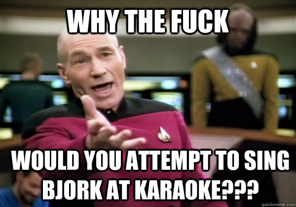 Why the fuck would you attempt to sing Bjork at karaoke??? - Why the fuck would you attempt to sing Bjork at karaoke???  Patrick Stewart WTF