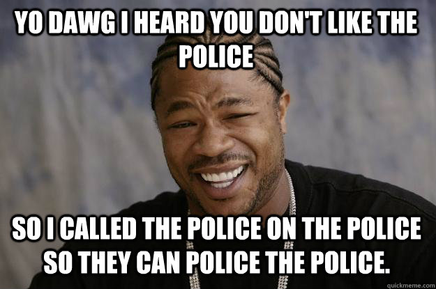 Yo dawg I heard you don't like the police So I called the police on the police so they can police the police.  Xzibit meme